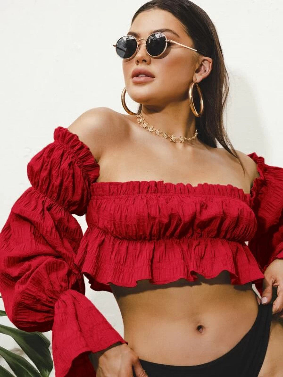 Off Shoulder Gathered Sleeve Peplum Top