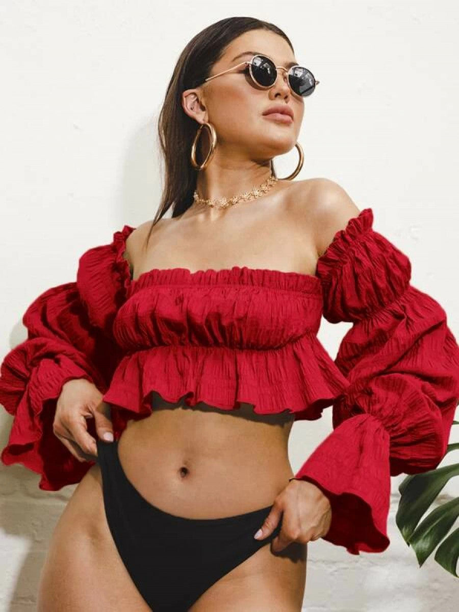 Off Shoulder Gathered Sleeve Peplum Top