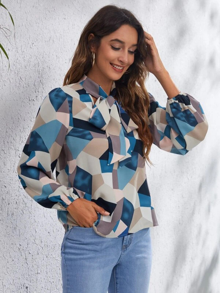 Tie Neck Lantern Sleeve Geo Print Top