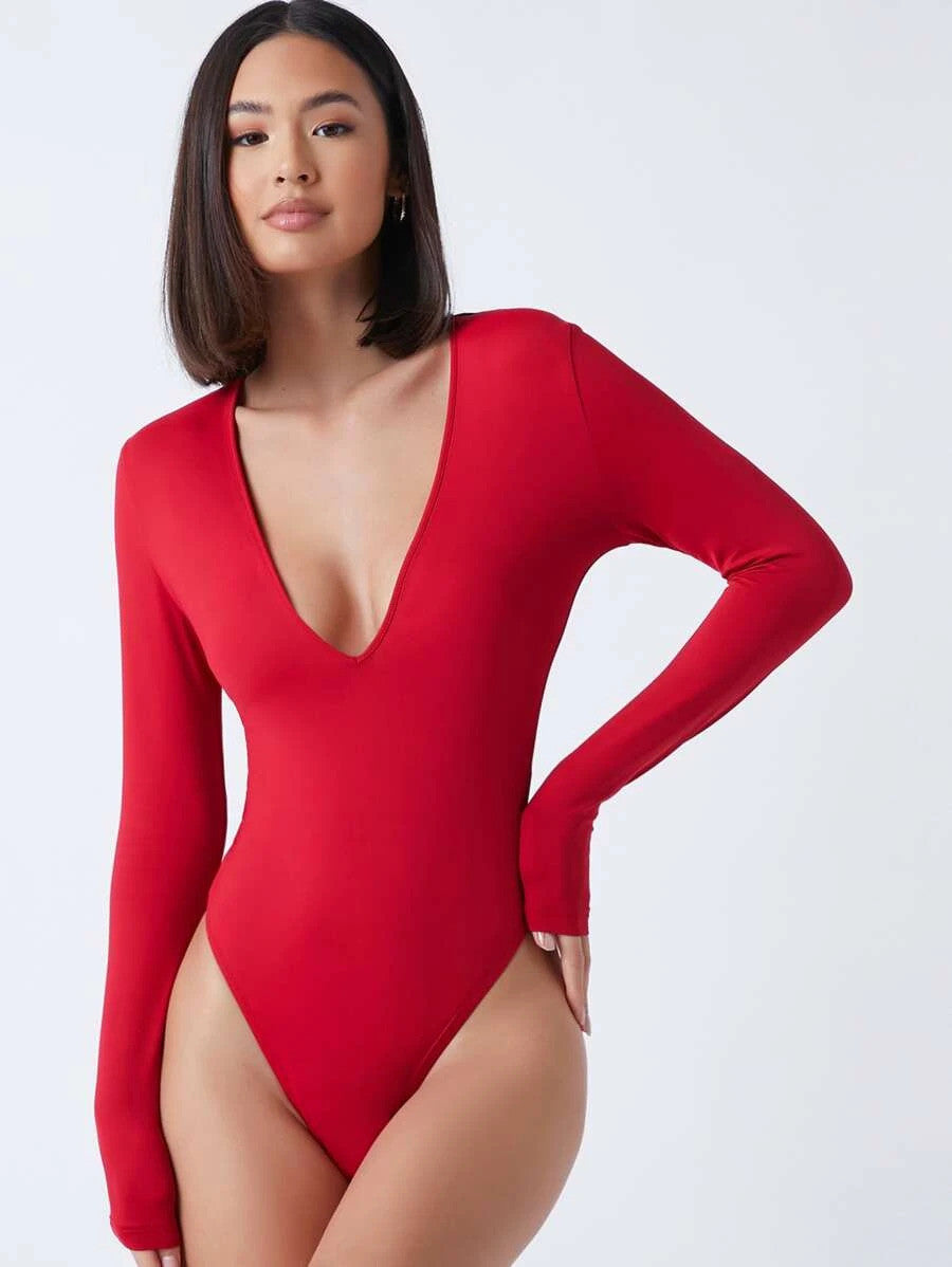 BASICS Plunging Neck Solid Fitted Bodysuit