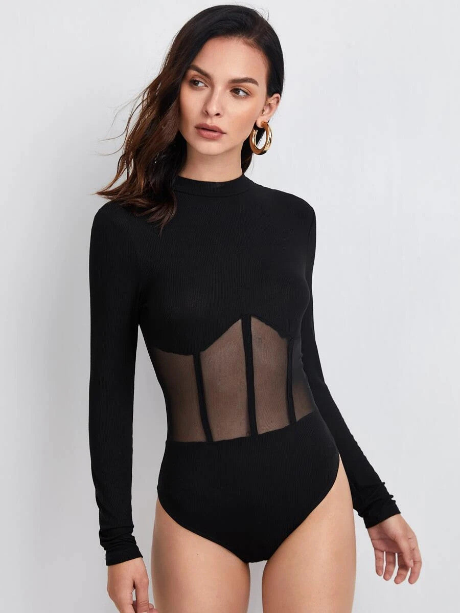 BAE Stand Collar Mesh Insert Bodysuit