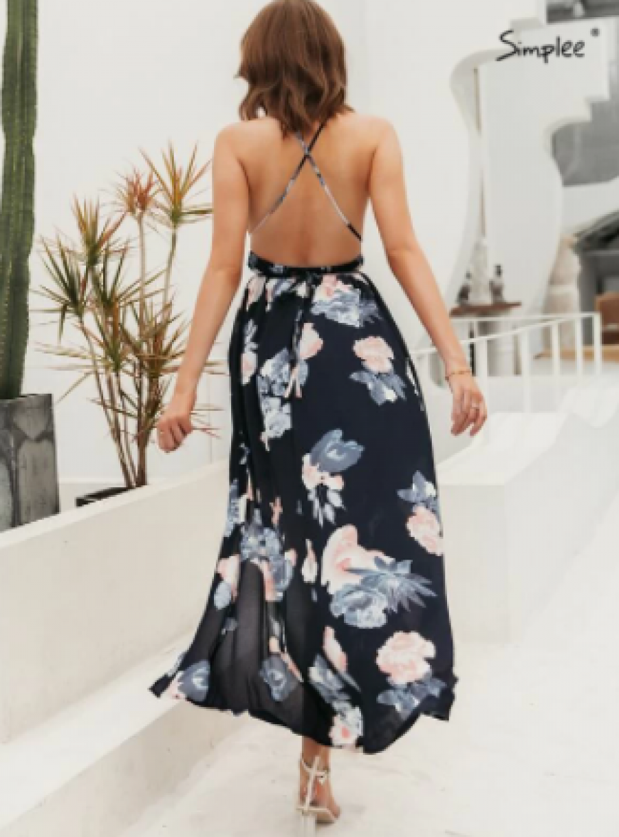 Simplee Floral Print Backless Wrap Split Slip Dress