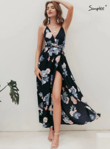 Simplee Floral Print Backless Wrap Split Slip Dress