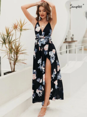 Simplee Floral Print Backless Wrap Split Slip Dress