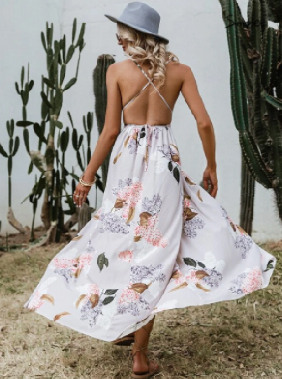 Simplee Floral Print Backless Wrap Split Slip Dress