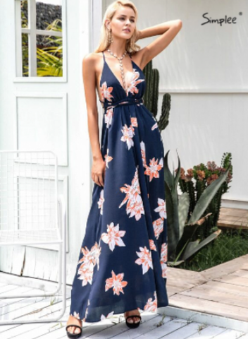 Simplee Floral Print Backless Wrap Split Slip Dress