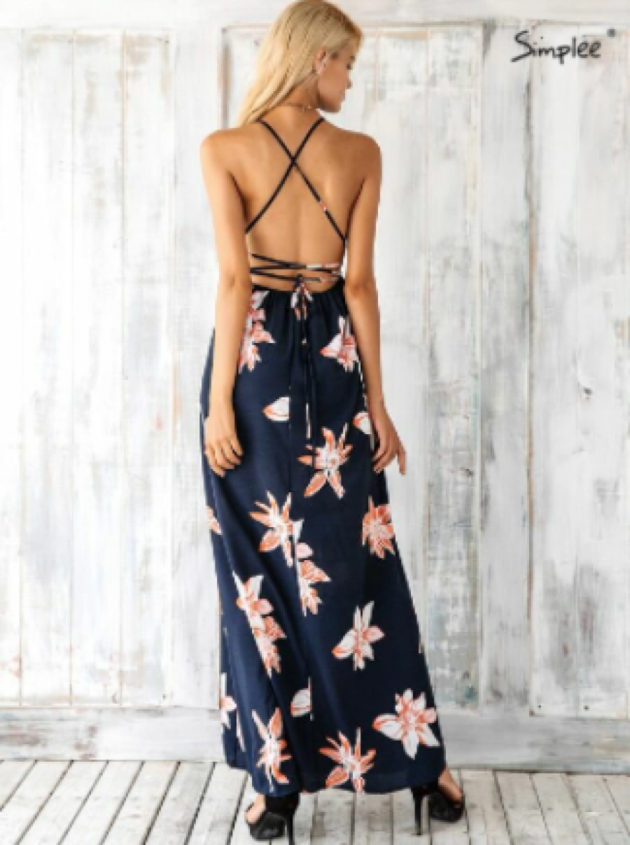 Simplee Floral Print Backless Wrap Split Slip Dress