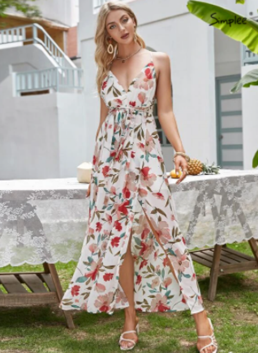 Simplee Floral Print Backless Wrap Split Slip Dress