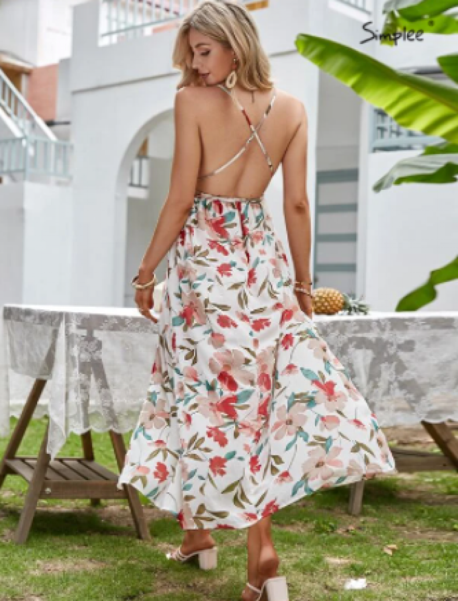 Simplee Floral Print Backless Wrap Split Slip Dress