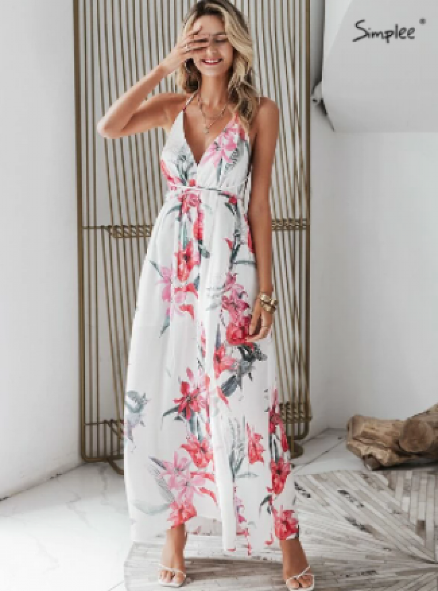 Simplee Floral Print Backless Wrap Split Slip Dress