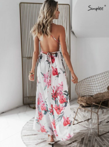 Simplee Floral Print Backless Wrap Split Slip Dress