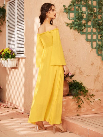 Off Shoulder Shirred Bell Sleeve Dress