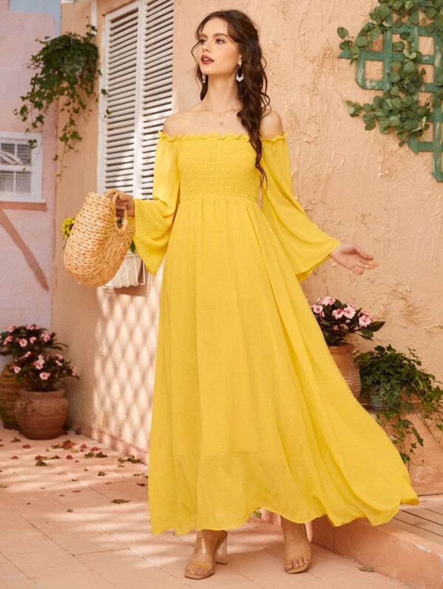 Off Shoulder Shirred Bell Sleeve Dress