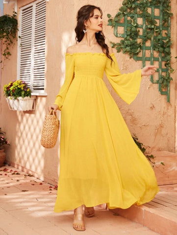 Off Shoulder Shirred Bell Sleeve Dress