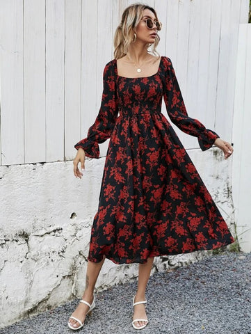 Flounce Sleeve Shirred Plants Print Dress