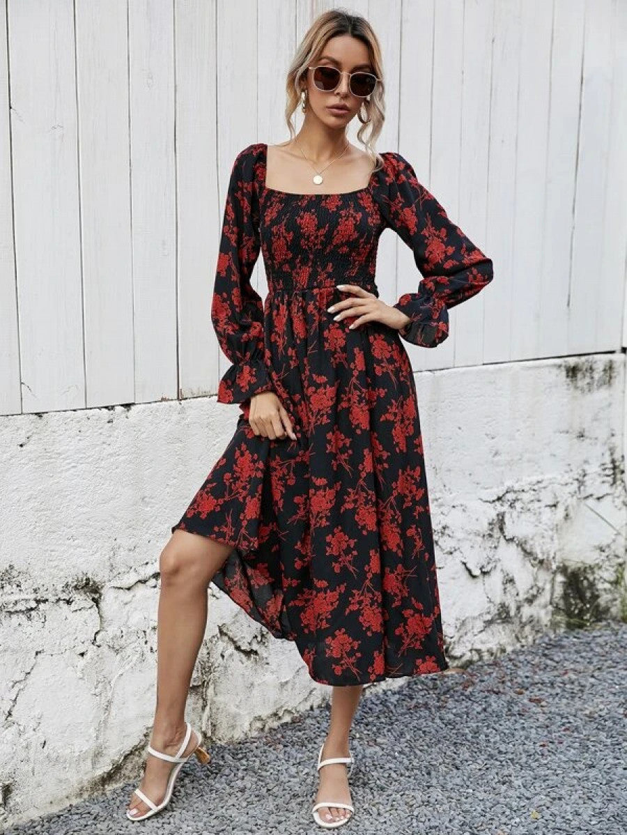 Flounce Sleeve Shirred Plants Print Dress