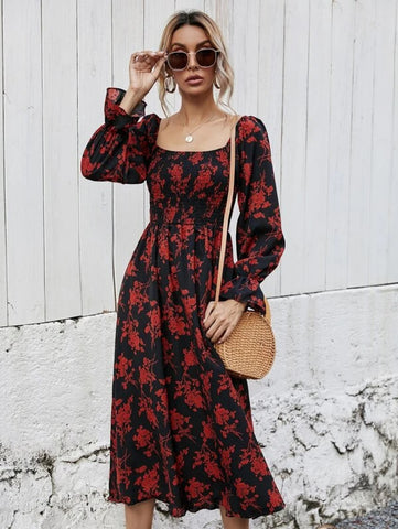 Flounce Sleeve Shirred Plants Print Dress