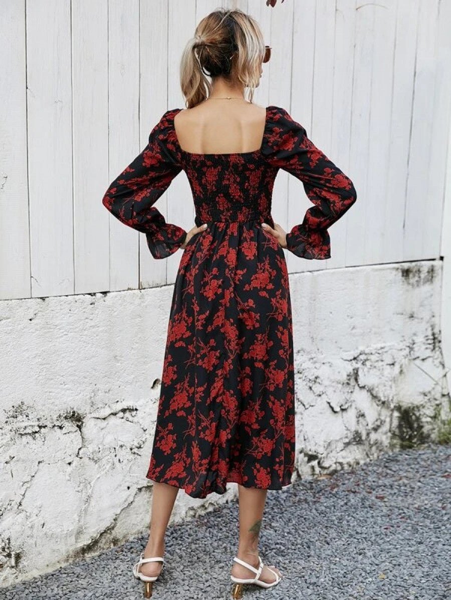 Flounce Sleeve Shirred Plants Print Dress