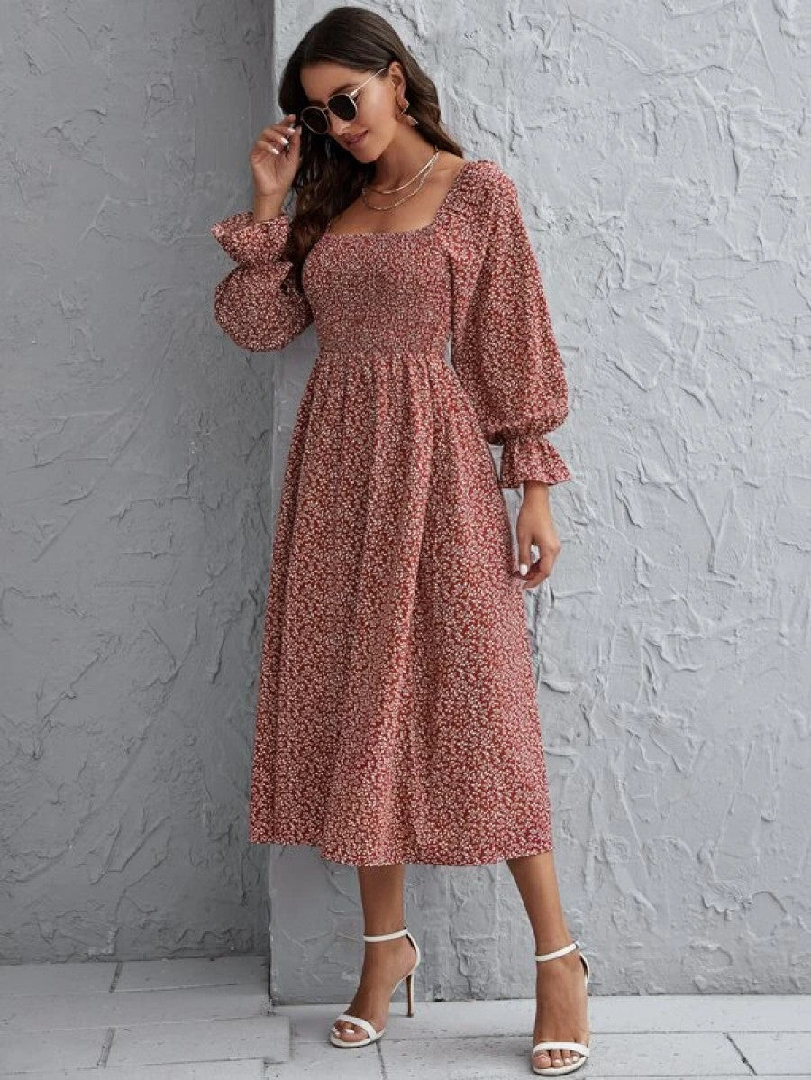 Flounce Sleeve Shirred Plants Print Dress