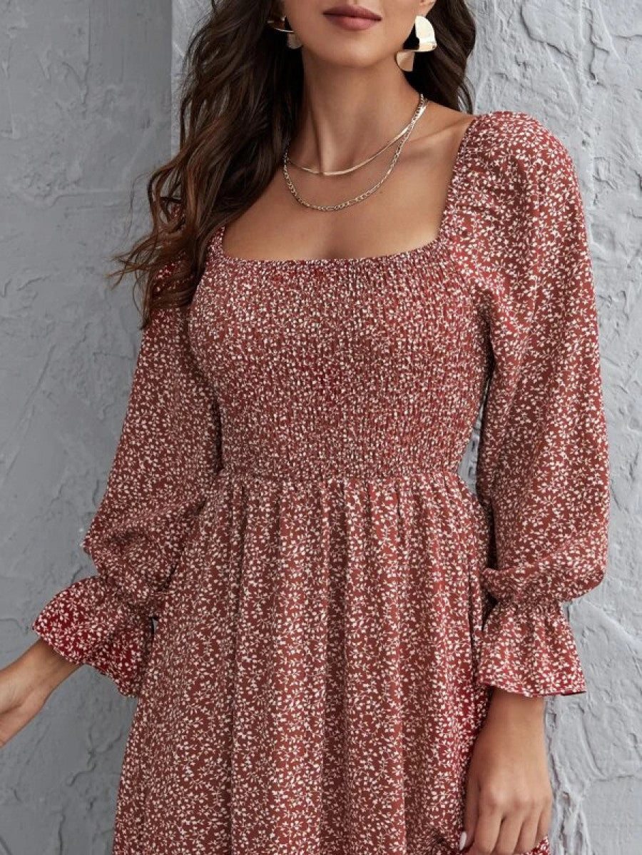 Flounce Sleeve Shirred Plants Print Dress