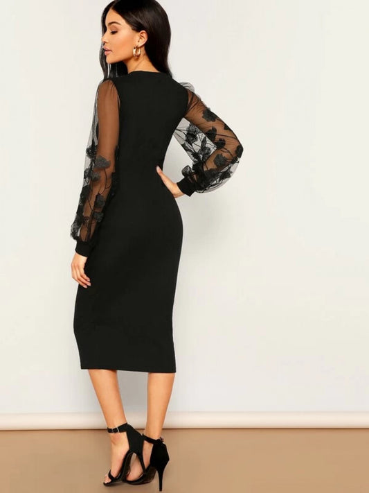 Embroidery Mesh Insert Bishop Sleeve Fitted Dress