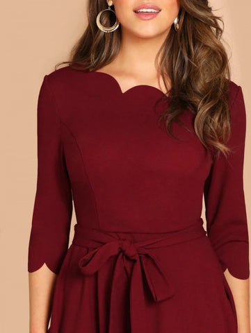 Scallop Trim Belted Fit & Flare Dress