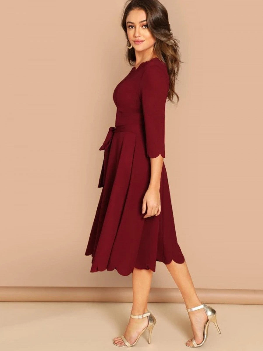 Scallop Trim Belted Fit & Flare Dress