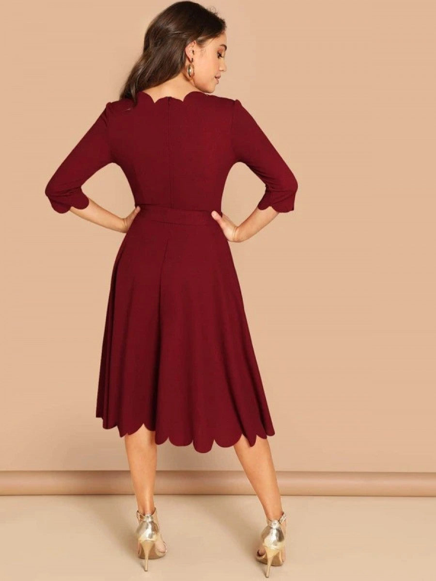 Scallop Trim Belted Fit & Flare Dress