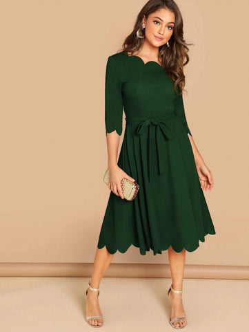 Scallop Trim Belted Fit & Flare Dress