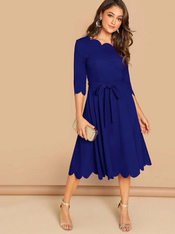 Scallop Trim Belted Fit & Flare Dress