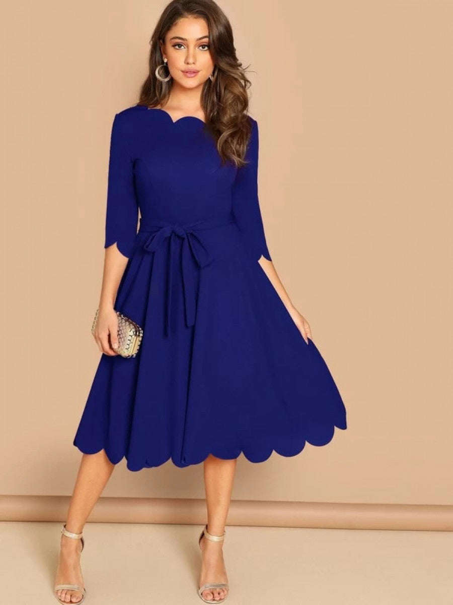 Scallop Trim Belted Fit & Flare Dress