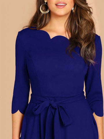 Scallop Trim Belted Fit & Flare Dress