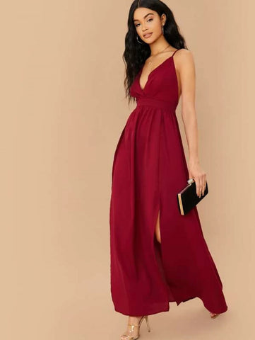 Surplice Neck Crisscross Back Split Thigh Dress