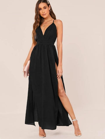 Surplice Neck Crisscross Back Split Thigh Dress