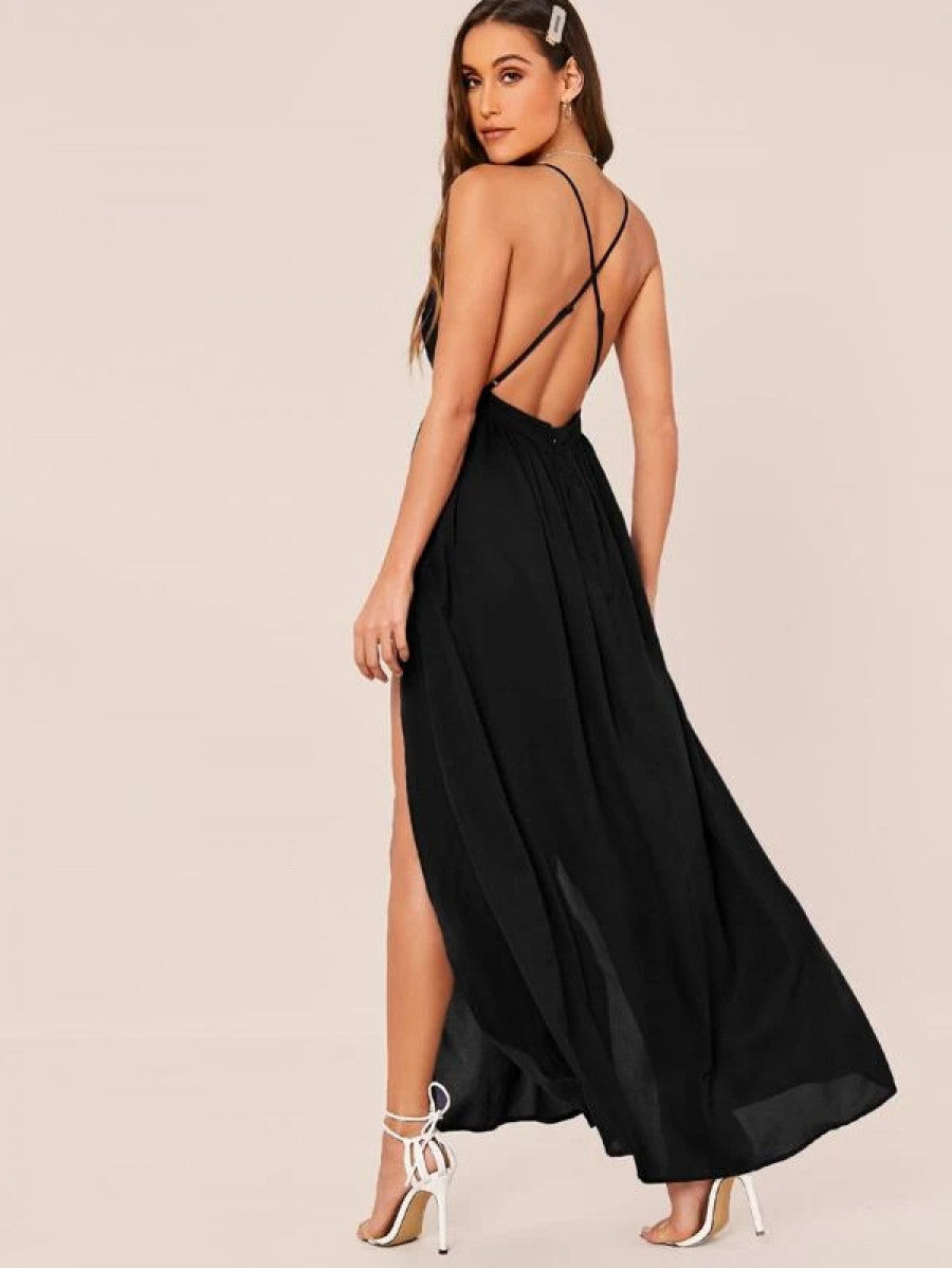 Surplice Neck Crisscross Back Split Thigh Dress