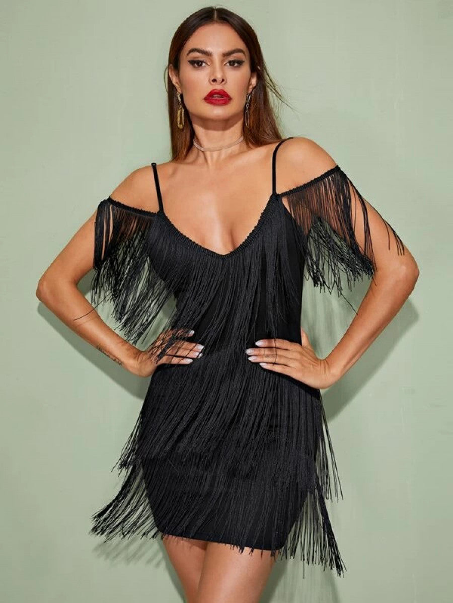 Plunging Neck Layered Fringe Cami Bodycon Dress