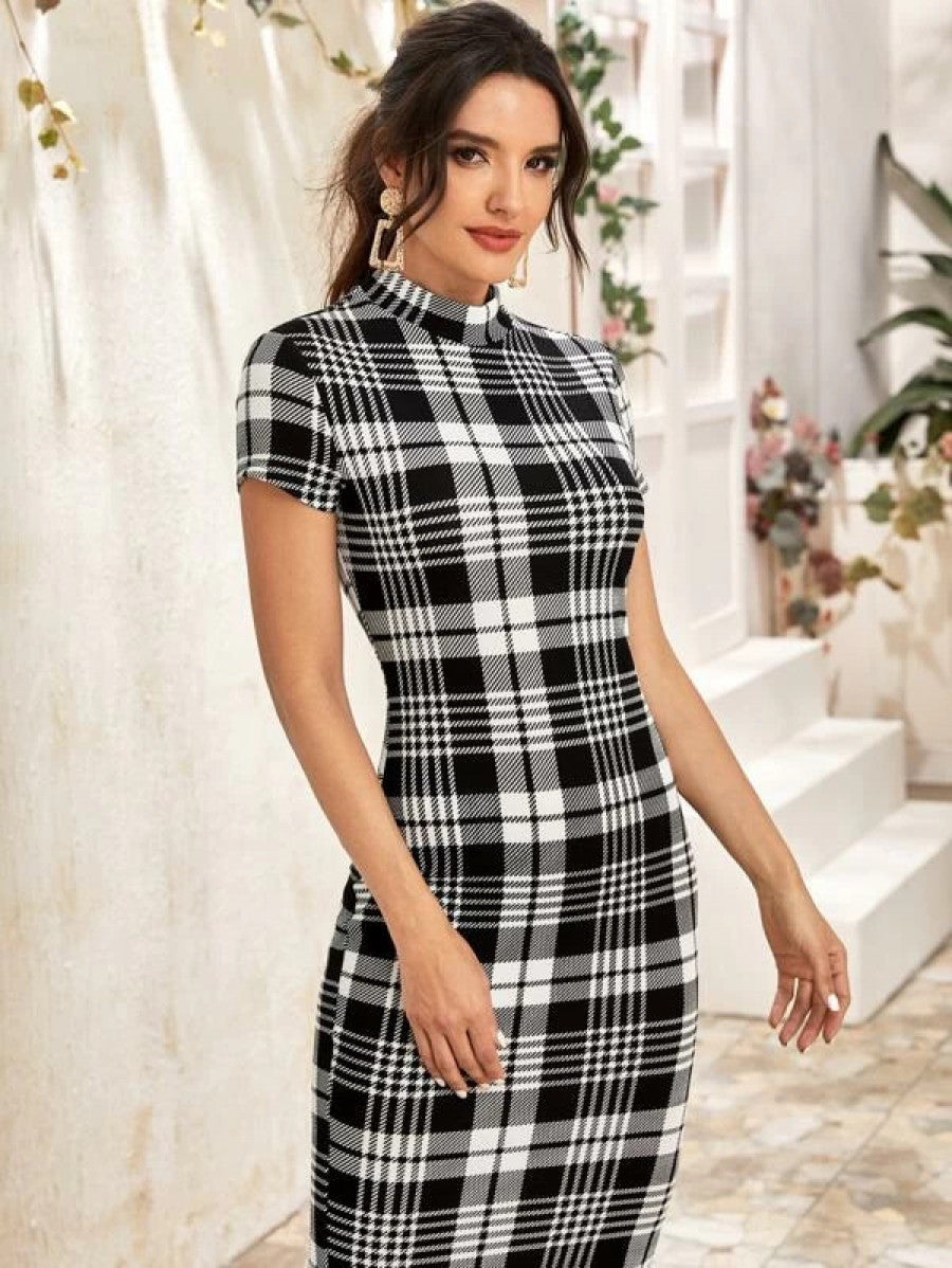 Mock-Neck Plaid Form Fitted Dress