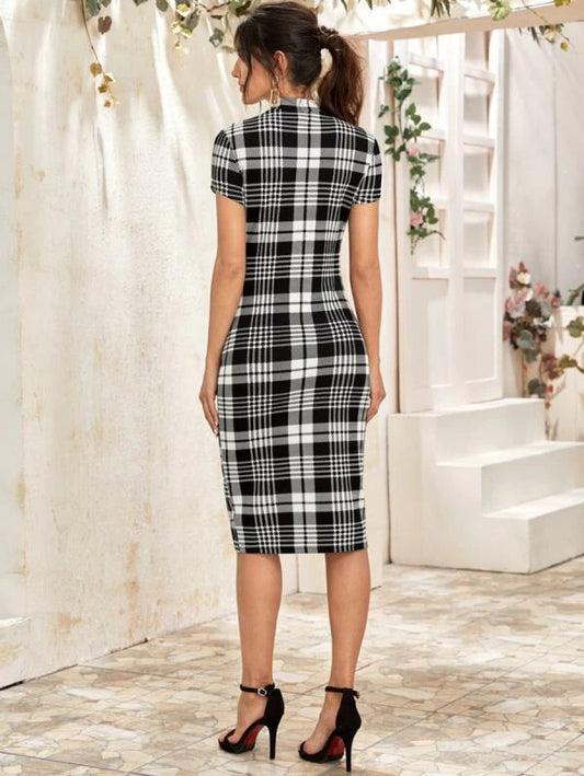 Mock-Neck Plaid Form Fitted Dress