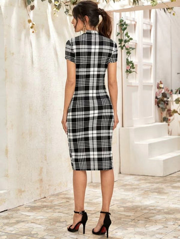 Mock-Neck Plaid Form Fitted Dress