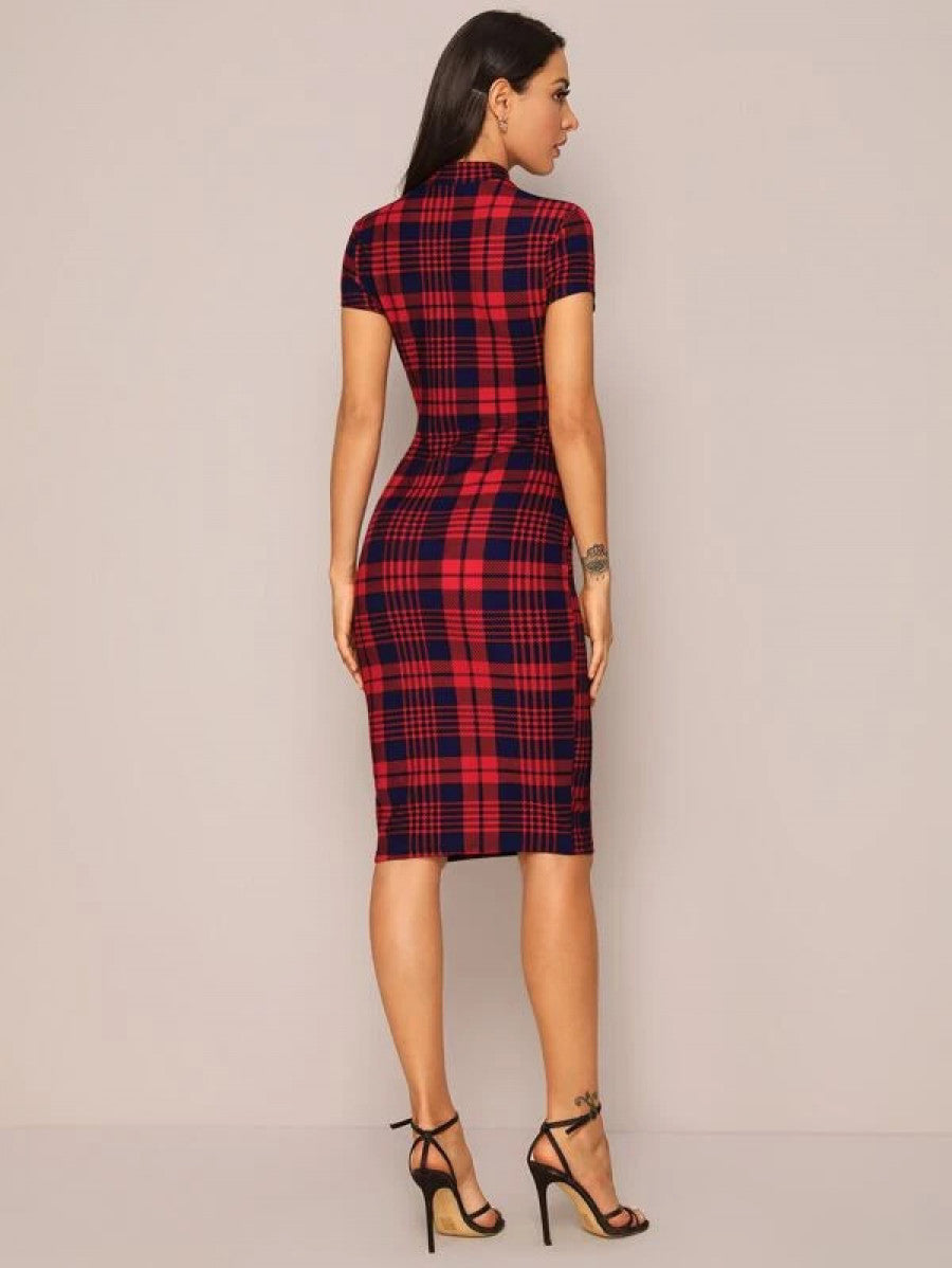 Mock-Neck Plaid Form Fitted Dress