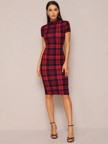 Mock-Neck Plaid Form Fitted Dress