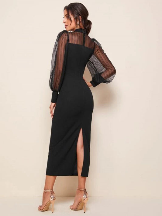 Mock-neck Lantern Sleeve Mesh Yoke Dress