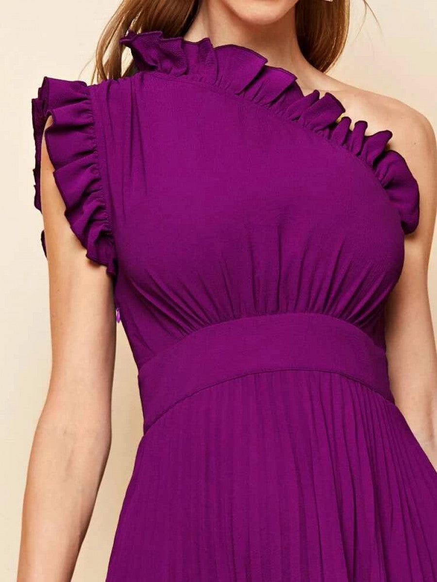 One Shoulder Ruffle Detail Pleated Hanky Hem Dress