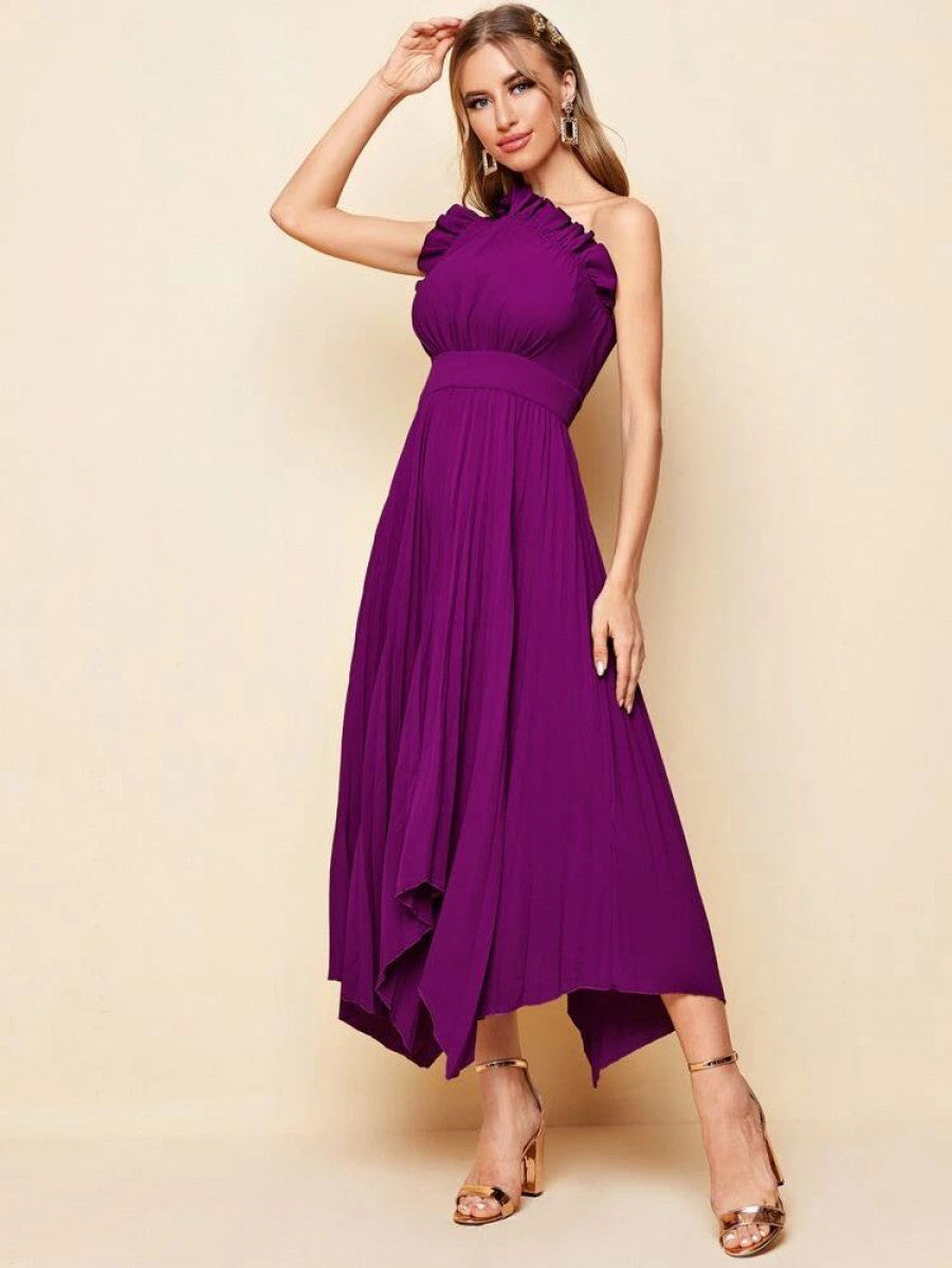 One Shoulder Ruffle Detail Pleated Hanky Hem Dress