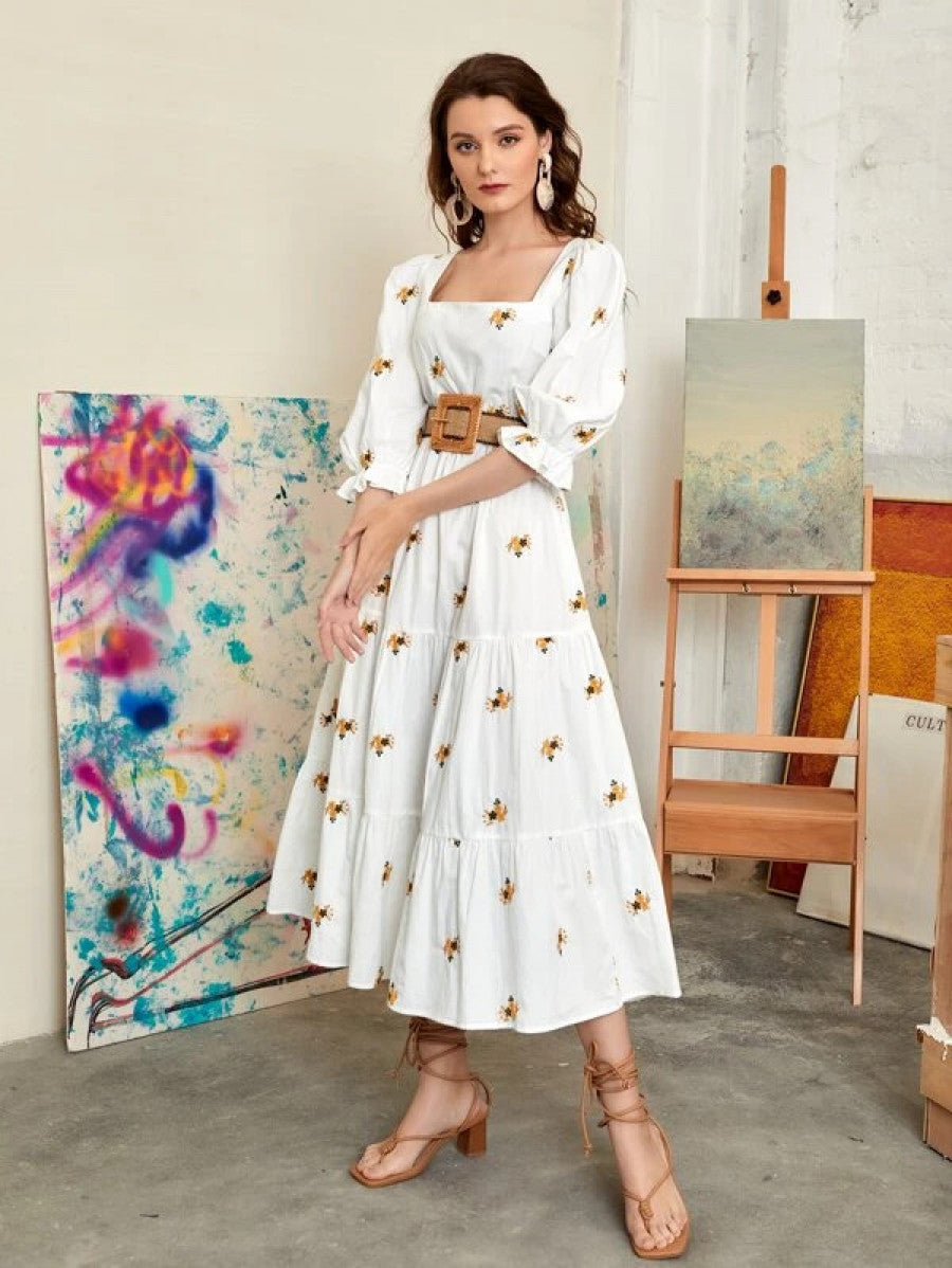 Square Neck Floral Embroidery Dress Without Belt