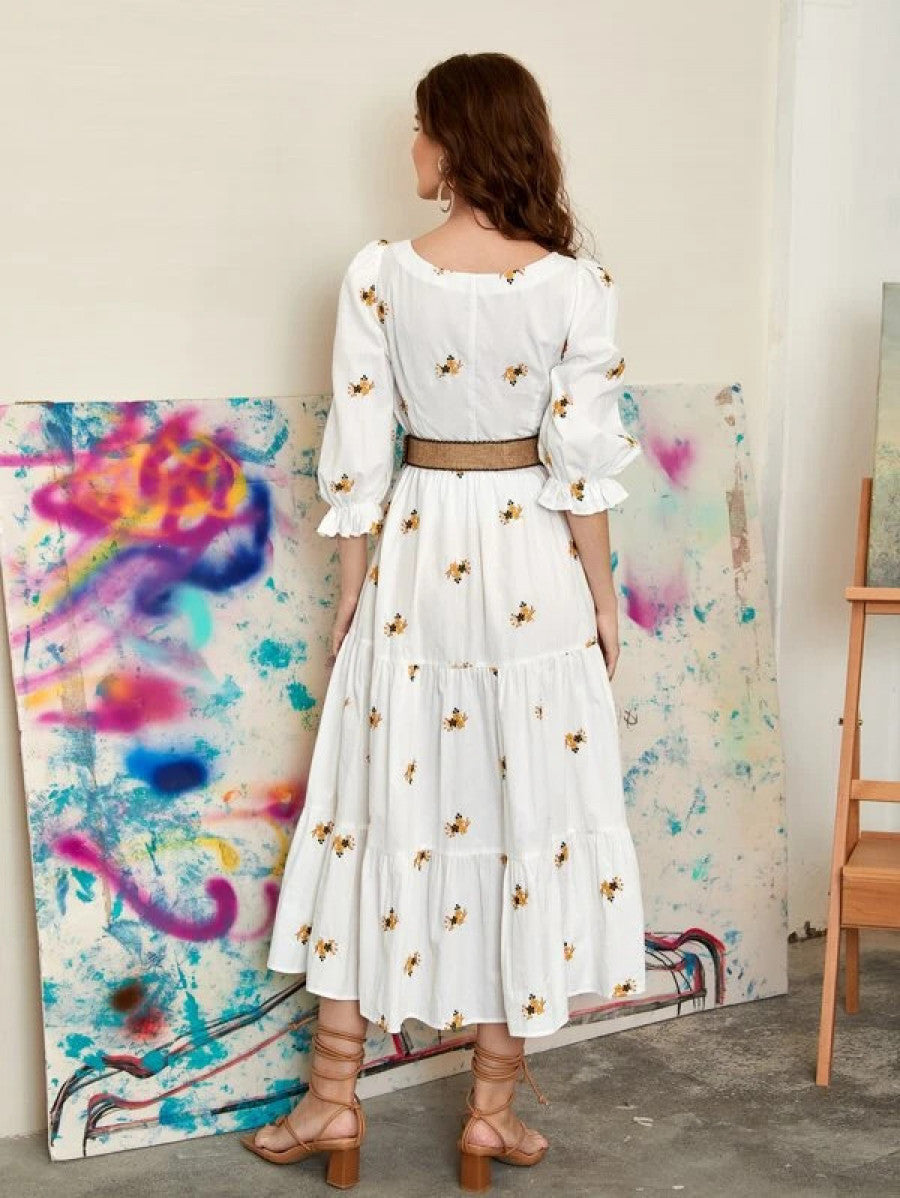 Square Neck Floral Embroidery Dress Without Belt