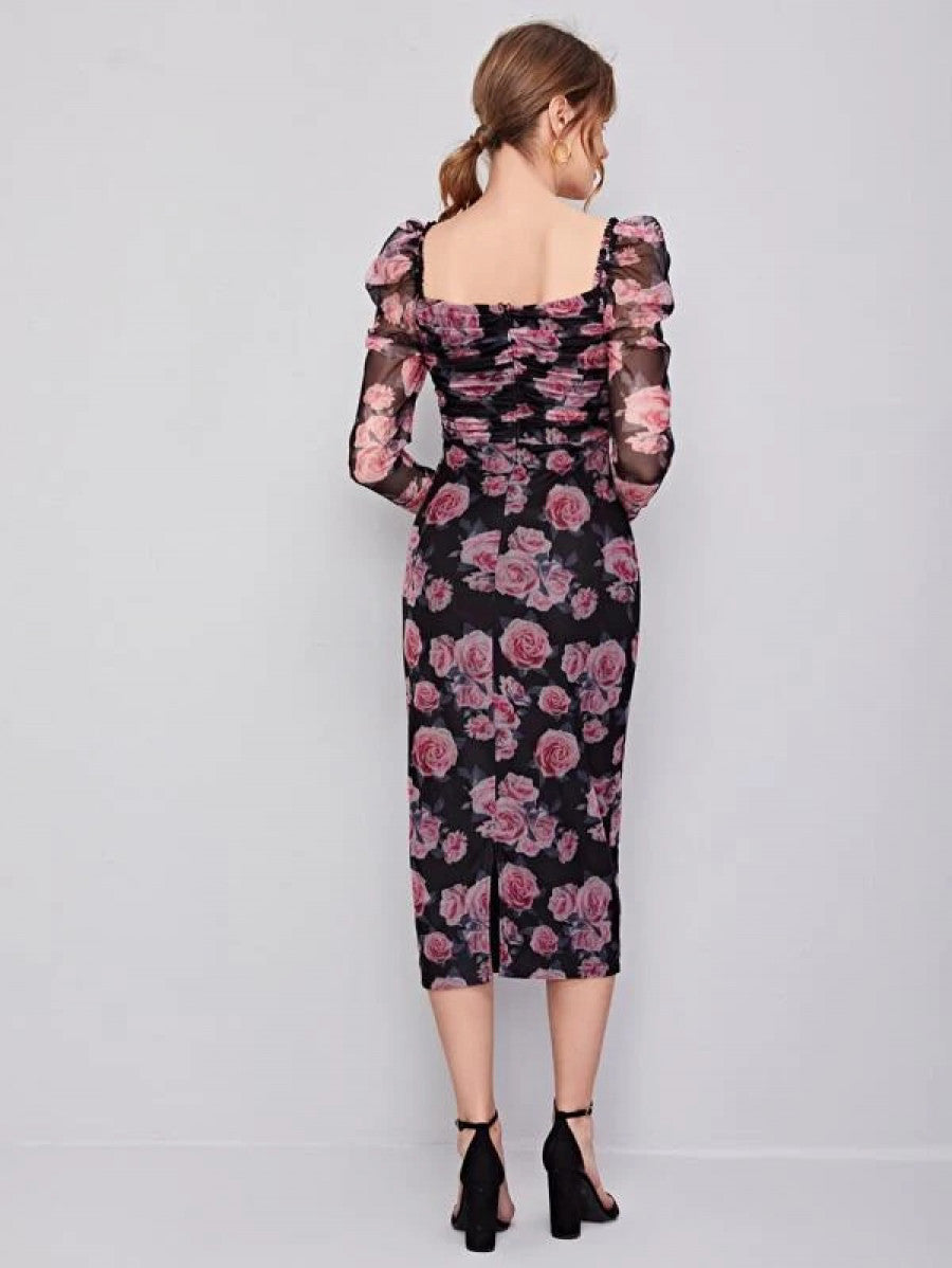 Ruched Detail Gigot Sleeve Floral Mesh Dress