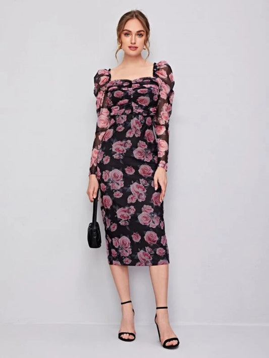 Ruched Detail Gigot Sleeve Floral Mesh Dress