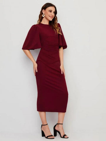 Butterfly Sleeve Keyhole Back Split Hem Dress