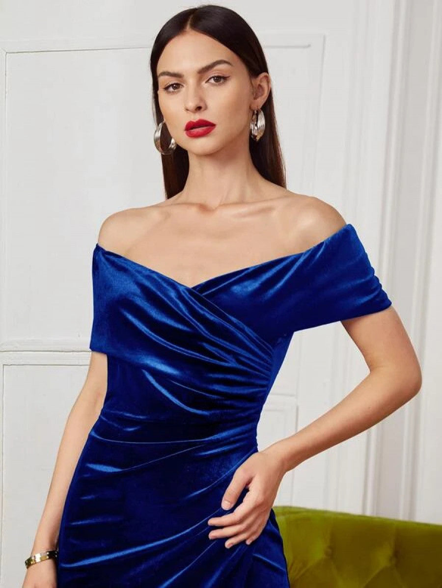 Off Shoulder Wrap Ruched Detail Velvet Dress